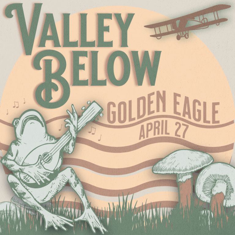 Drawing of a frog playing a lute and singing next to some mushrooms with the words: Valley Below. Golden Eagle. April 27.